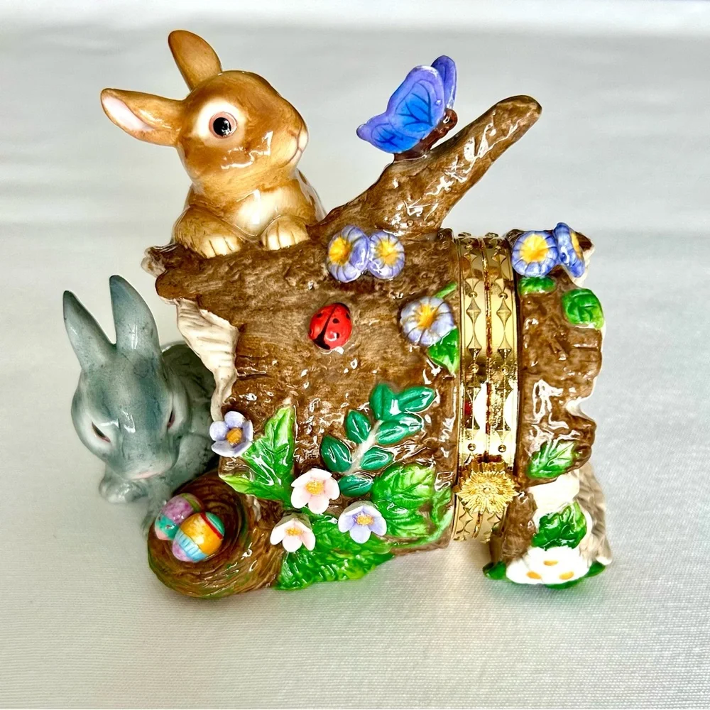 Vtg Hand Painted Porcelain Hinged Faberge Trinket Box Woodland Easter Spring
